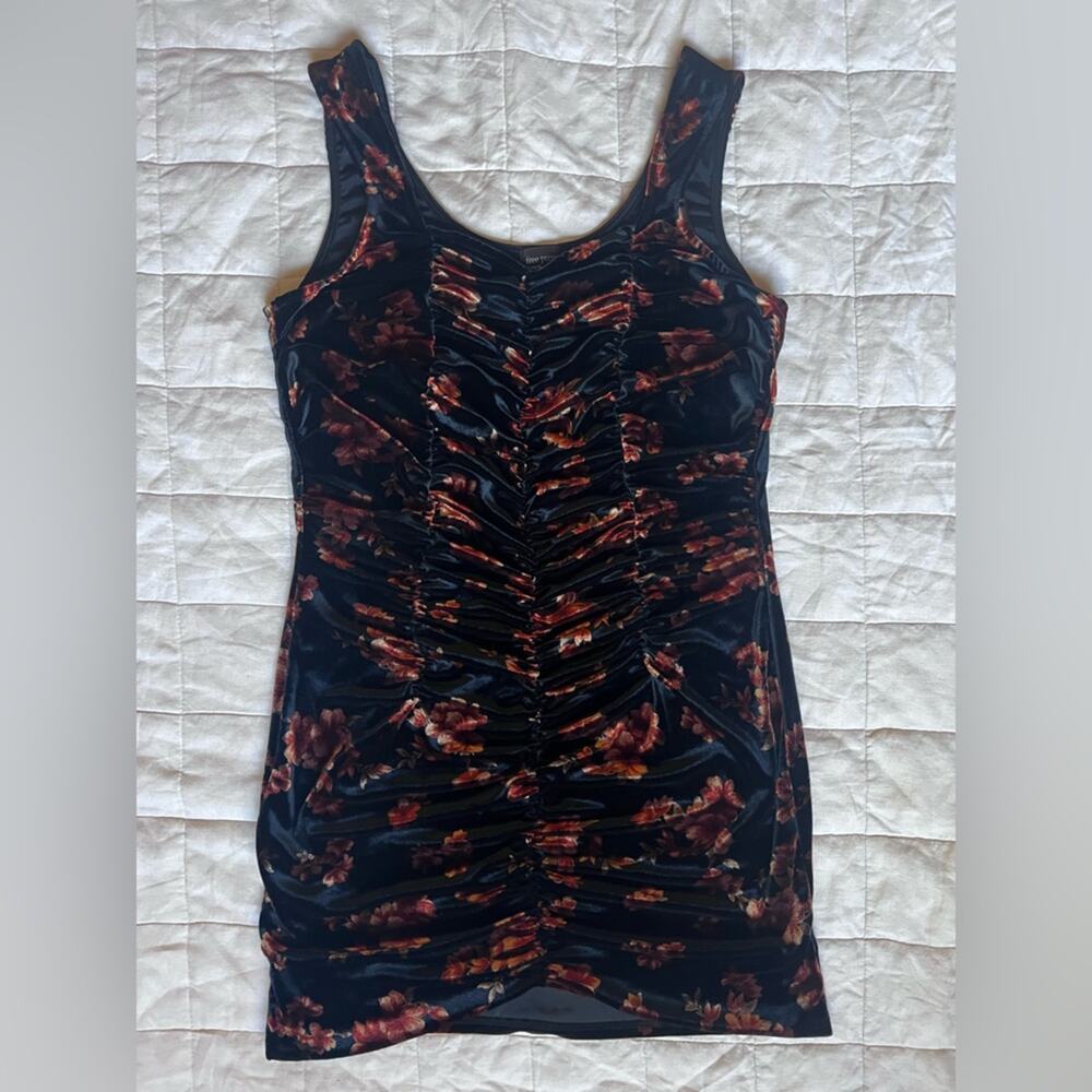Black Orange Floral Velvet Ruche Scrunch Mini Dress Whimsigoth Autumn -Large